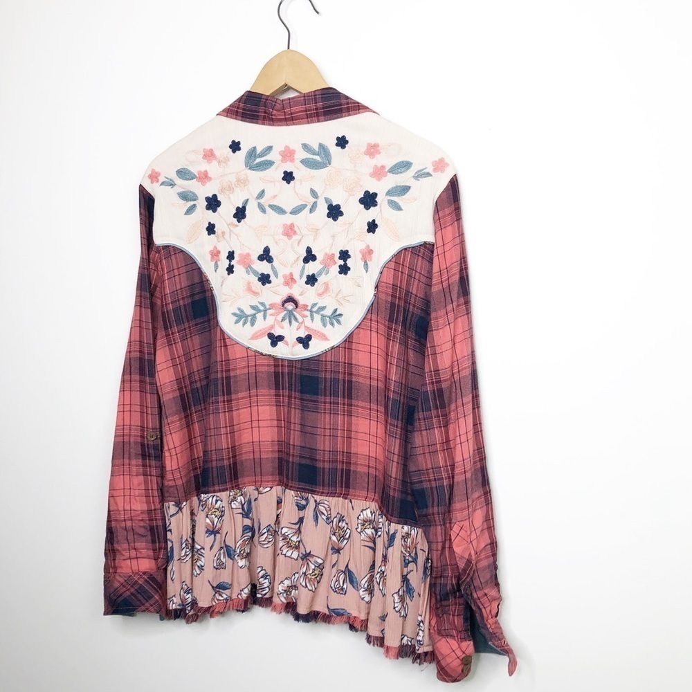 JOHN • Mark mixed media plaid embroidered button-down shirt - Picture 10 of 11
